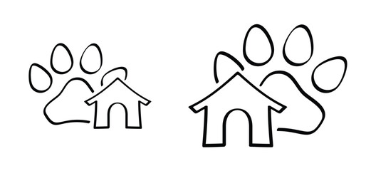 Cartoon dog kennel or doghouse. Dog house line pattern. Dog house for in the garden. Bone, dogs legs sign. dog leg icon. Line pattern