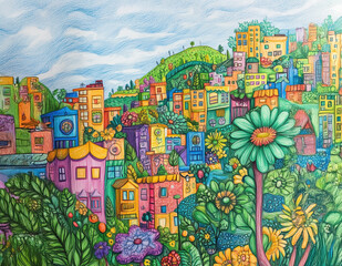 Obraz premium A colorful drawing with buildings made from flowers and plants, nestled on top of lush green hills under a blue sky, the artwork is filled with vibrant colors, intricate details, and imaginative lands