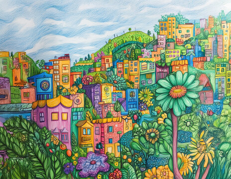 A colorful drawing with buildings made from flowers and plants, nestled on top of lush green hills under a blue sky, the artwork is filled with vibrant colors, intricate details, and imaginative lands