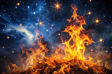 Fototapeta premium fiery flames dancing against smoky starry sky