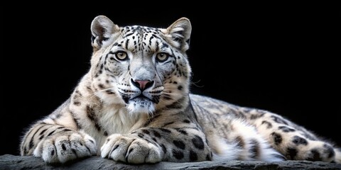 snow leopard on black background tilted angle