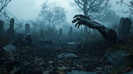 Sinister Zombie Hand Emerging from Graveyard Scene