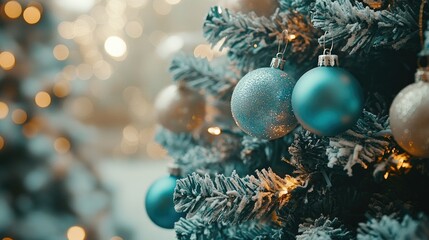 Blue Baubles on a Decorated Christmas Tree