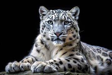 Obraz premium Snow leopard with tilted angle on black background, isolated