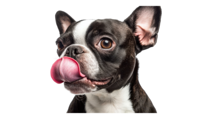 A playful Boston Terrier licking its nose in a light-filled room during the afternoon.
