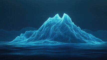 Fototapeta premium A fragmented digital iceberg, made of wireframe structures and glowing particles, floating in a virtual sea of data. --chaos