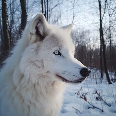 Obraz premium a white wolf in a snowy forest, among the trees in a forest