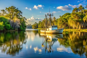 Obraz premium Fishing boat on the bayou along the river in Louisiana