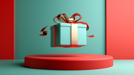 3D Floating Gift Box with Ribbon and Bow. Christmas Theme.