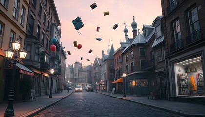 Books and Balloons Floating in Magical European Street