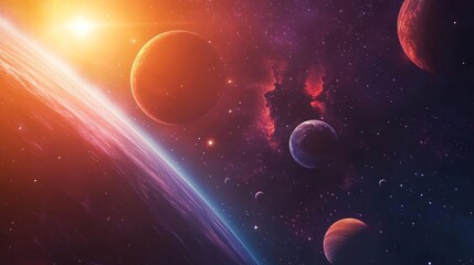 A vibrant, colorful, and detailed rendering of a solar system with a bright sun, planets, and stars in the background.