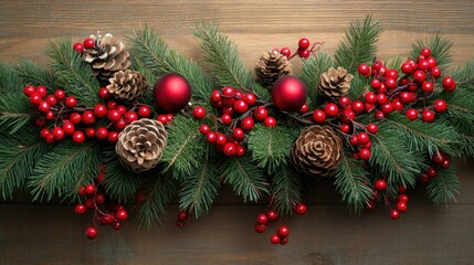 Festive Christmas Border with Pinecones and Berries