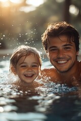 Obraz premium Man and a child in a swimming pool