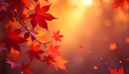 Obraz premium Maple autumn leaves background with a sunset. AI generated