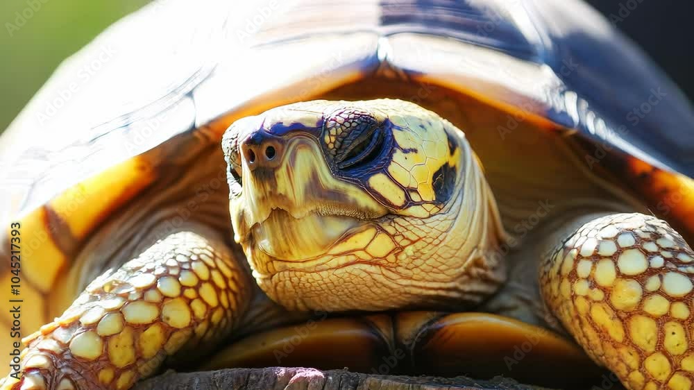 Poster A close-up of a turtle resting on a log in natural sunlight.