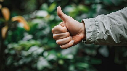 A person's hand giving a thumbs-down gesture against a green park backdrop, symbolizing dissatisfaction or a negative reaction in nature. 