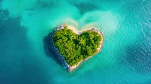 An island in the ocean with heart-shaped palm trees, top view.