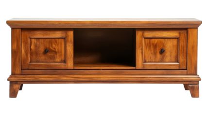 Solid wooden TV stand featuring two drawers and an open shelf for storage, ideal for living room use or media organization.