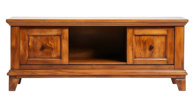 Solid wooden TV stand featuring two drawers and an open shelf for storage, ideal for living room use or media organization.
