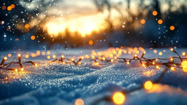 Golden Christmas lights draped across a snowy outdoor scene, creating a warm, inviting glow that contrasts with the cold winter night. . Video