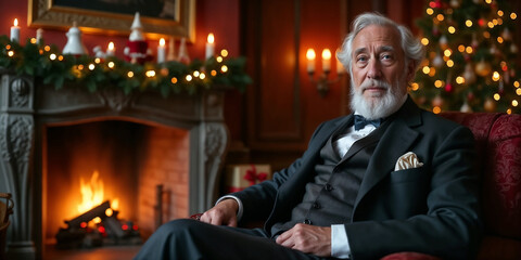 Fototapeta premium Elegant elderly man with a white beard sitting by a cozy fireplace during Christmas celebration
