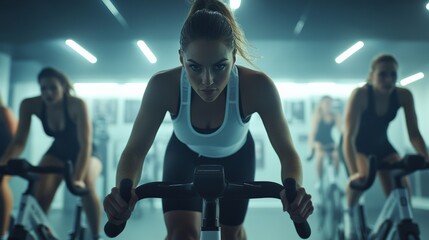 Dynamic indoor cycling class with focused women pushing their limits in a modern gym setting.
