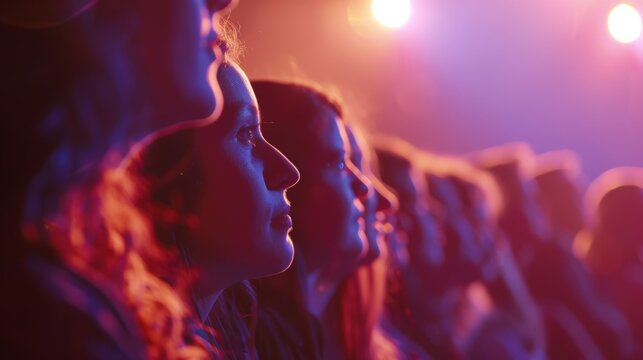 Diverse group watching movie in theater, faces lit by screen, captivated. Dark background contrasts with colorful glow, creating communal cinema experience