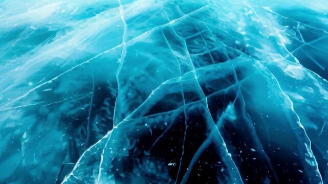 Amazing unique pattern of frozen Lake Baikal. View from above. Blue transparent clear smooth ice with deep cracks. Gas bubbles texture in ice of lake Baikal. Winter background.