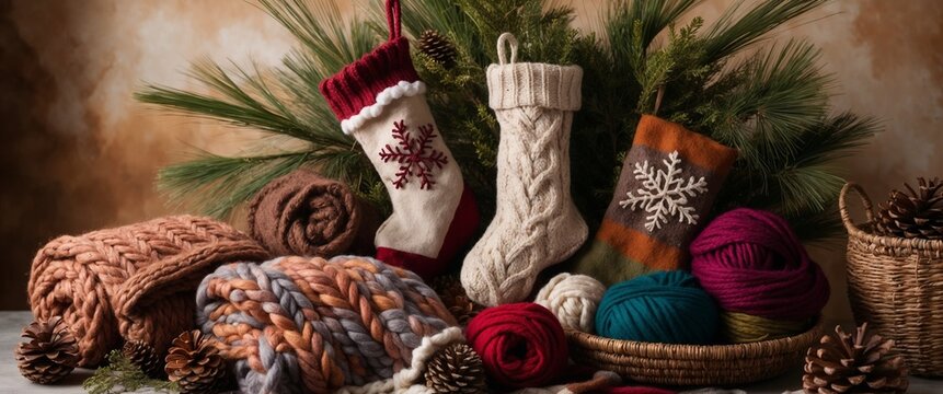Cozy knitted holiday stockings and yarn displayed with pine branches and pine cones