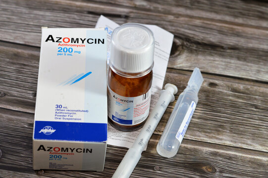 Cairo, Egypt, October 4 2024: Azomycin Azithromycin 200mg per 5ml powder for oral suspension by Julphar Emirati pharmaceutical manufacturer, an antibiotic medication for treatment of many bacteria