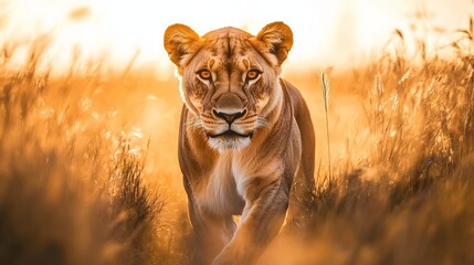 Majestic lioness walking through golden grass at sunset, showcasing her strength and beauty in the wild landscape.