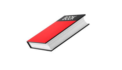 A bold red and black book with the word "BOOK" prominently displayed, floating against a minimalistic white background. Perfect for themes of literature, reading, and education.