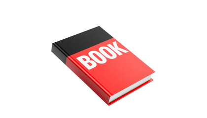A bold red and black book with the word "BOOK" prominently displayed, floating against a minimalistic white background. Perfect for themes of literature, reading, and education.
