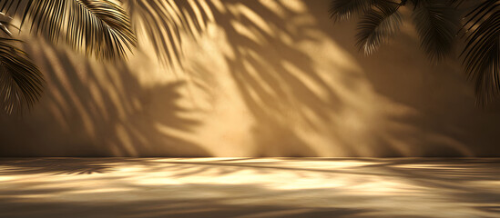 Empty brown and beige studio space featuring leaf shadows suitable for product presentations Background with a tropical flair 3D rendering