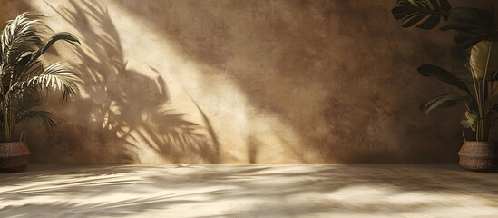 Empty brown and beige studio space featuring leaf shadows suitable for product presentations Background with a tropical flair 3D rendering