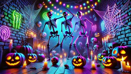 A surreal Halloween party scene featuring neon lights and skeletons