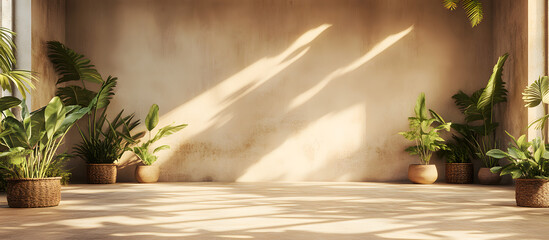 Empty brown and beige studio space featuring leaf shadows suitable for product presentations Background with a tropical flair 3D rendering