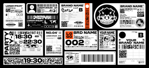 Brutalism label design pack. Futuristic assets for streetwear, event tickets and apparel branding. Retro Y2K and glitch aesthetics graphic elements. Vector set