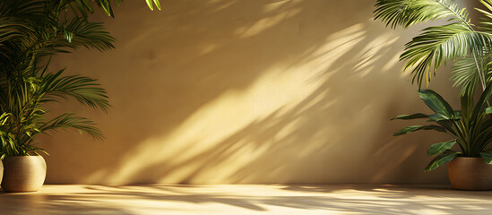 Empty brown and beige studio space featuring leaf shadows suitable for product presentations Background with a tropical flair 3D rendering