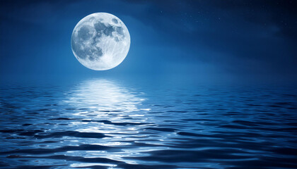 Full moon shines brightly in the night sky, casting a shimmering reflection on the calm waters of the ocean.