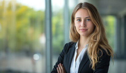 Fototapeta premium Confident Young Professional Woman in Modern Office, Corporate Leadership Portrait