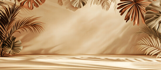 Empty brown and beige studio space featuring leaf shadows suitable for product presentations Background with a tropical flair 3D rendering