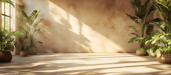 Empty brown and beige studio space featuring leaf shadows suitable for product presentations Background with a tropical flair 3D rendering