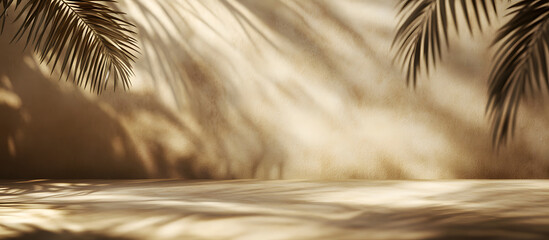 Empty brown and beige studio space featuring leaf shadows suitable for product presentations Background with a tropical flair 3D rendering