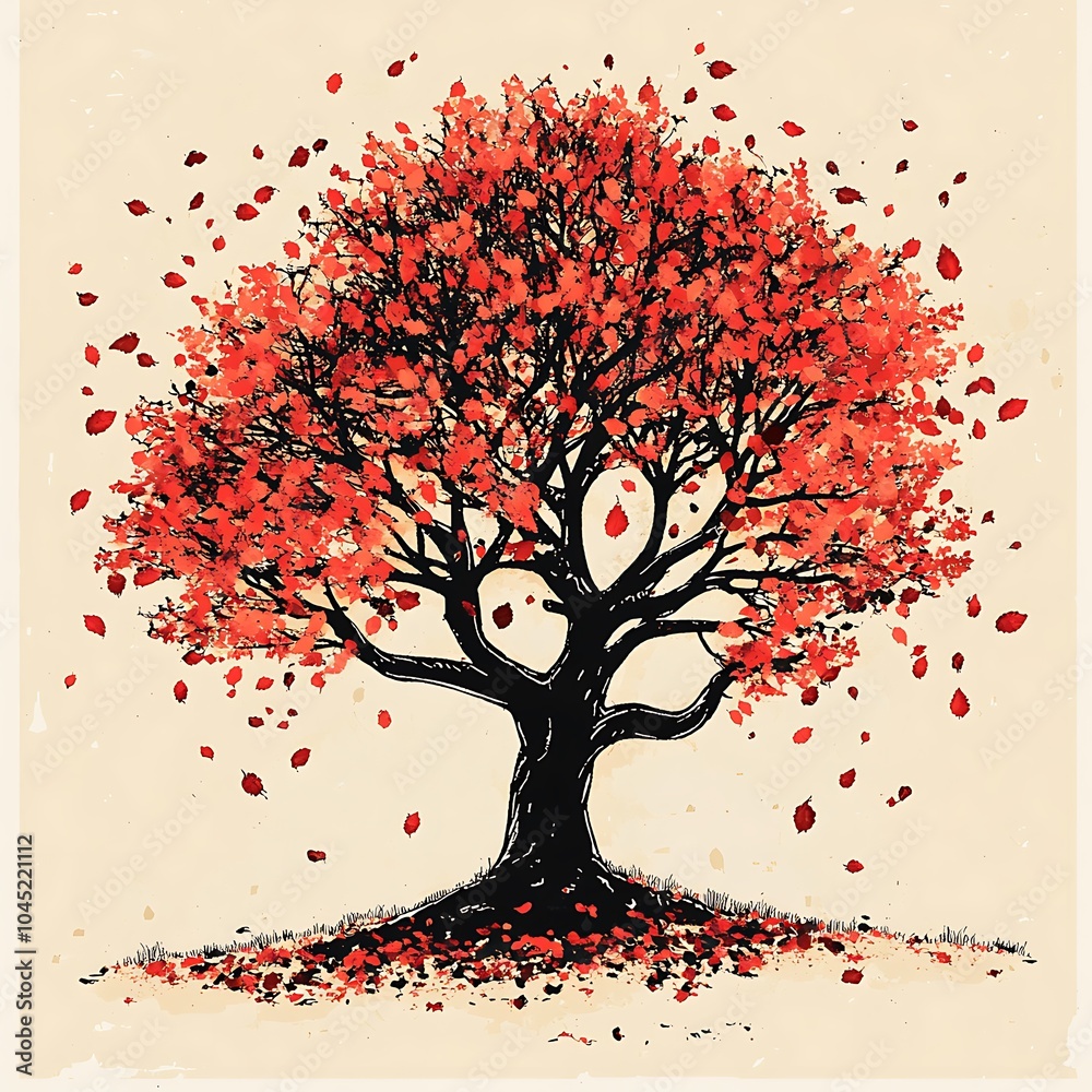 Poster A single tree with red leaves falling in the wind.