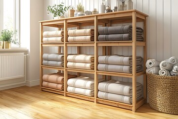 Fototapeta premium Organized linen shelf with neatly stacked towels in cozy minimalist interior