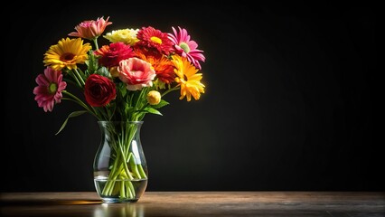 Fototapeta premium flowers in a vase isolated on black background reflected