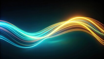 Flowing glow of fluorescent light waves on dark background at a tilted angle