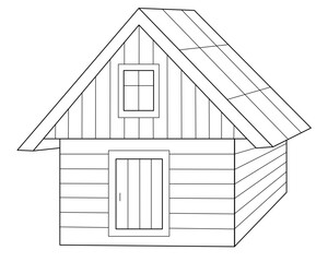 Small wooden building, barn - vector linear picture for coloring. Outline. Wooden house in perspective, isometry.