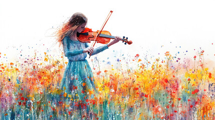 Colorful watercolor painting of a woman is playing violin on the meadow